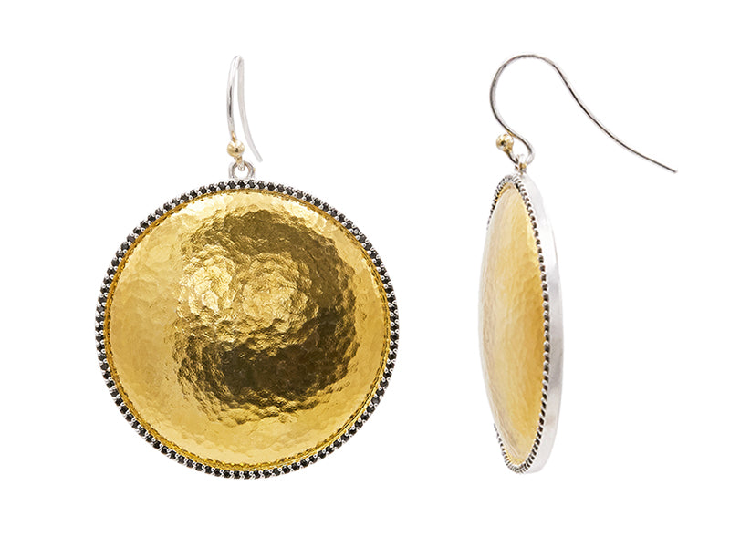 GURHAN, GURHAN Panther Sterling Silver Onyx Single Drop Earrings, 35mm Round on Wire Hook, Gold Accents