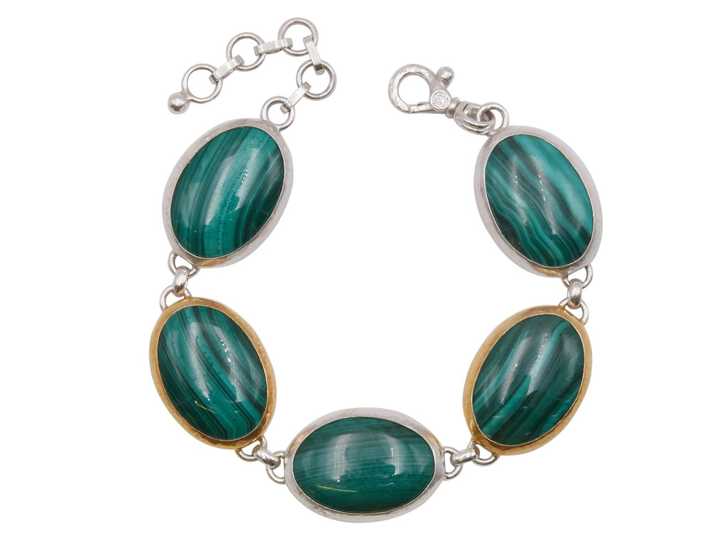 GURHAN, GURHAN Galapagos Sterling Silver Malachite All Around Single-Strand Bracelet, 25x18mm Oval Stones, Gold Accents