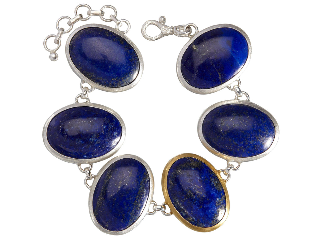 GURHAN, GURHAN Galapagos Sterling Silver Lapis All Around Single-Strand Bracelet, 30x22mm Oval, Gold Accents