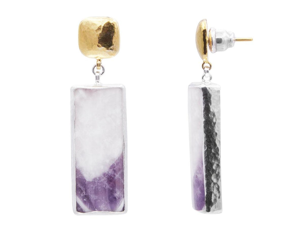 GURHAN, GURHAN Galapagos Sterling Silver Amethyst Single Drop Earrings, 29x12mm Rectangle on Post Top, Gold Accents