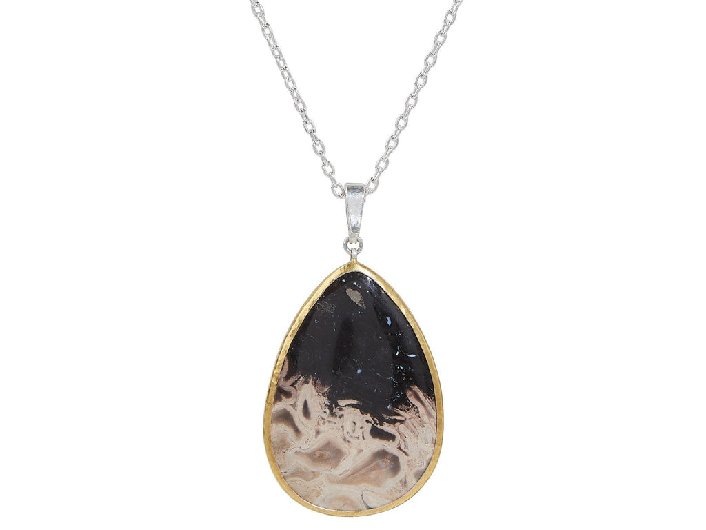 GURHAN, GURHAN Galapagos Sterling Silver Fossil Palm Root Pendant Necklace, 43x31mm Teardrop, Gold Accents