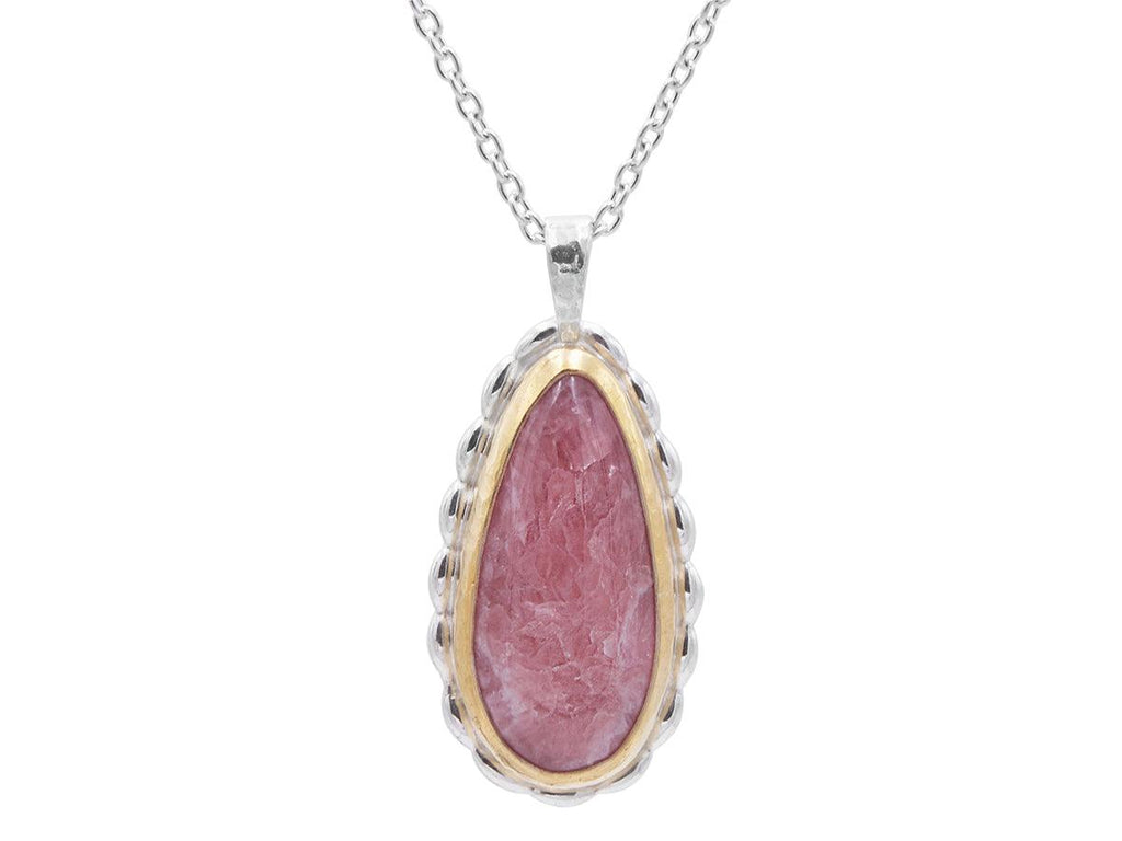 GURHAN, GURHAN Galapagos Sterling Silver Rhodochrosite Pendant Necklace, 29x14mm Teardrop Stone set in Wide Frame, Gold Accents