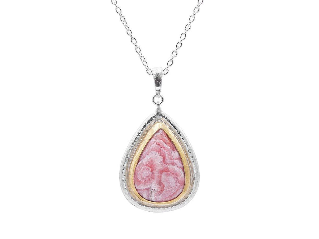 GURHAN, GURHAN Galapagos Sterling Silver Rhodochrosite Pendant Necklace, 26x19mm Teardrop Stone set in Wide Frame, Gold Accents