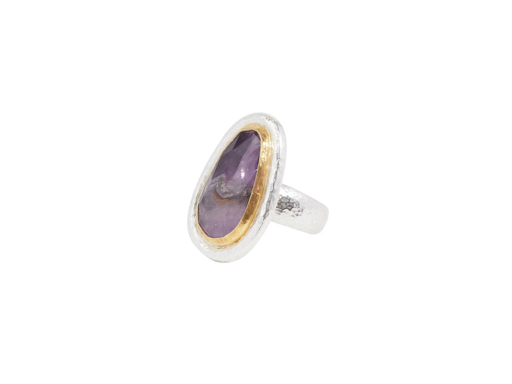 GURHAN, GURHAN Galapagos Sterling Silver Amethyst Cocktail Ring, 24x13mm Teardrop Stone, Gold Accents