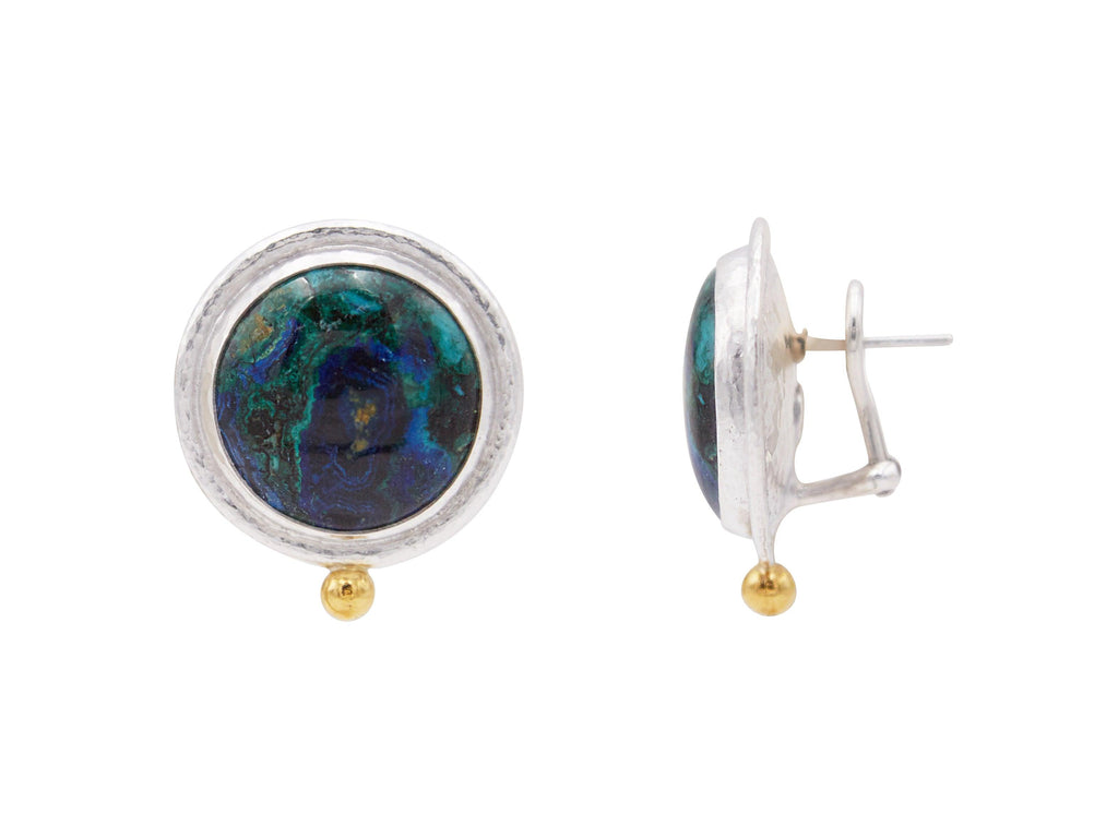 GURHAN, GURHAN Galapagos Sterling Silver Azurite Stud Earrings, 20mm Round Set in Wide Frame, Gold Accents