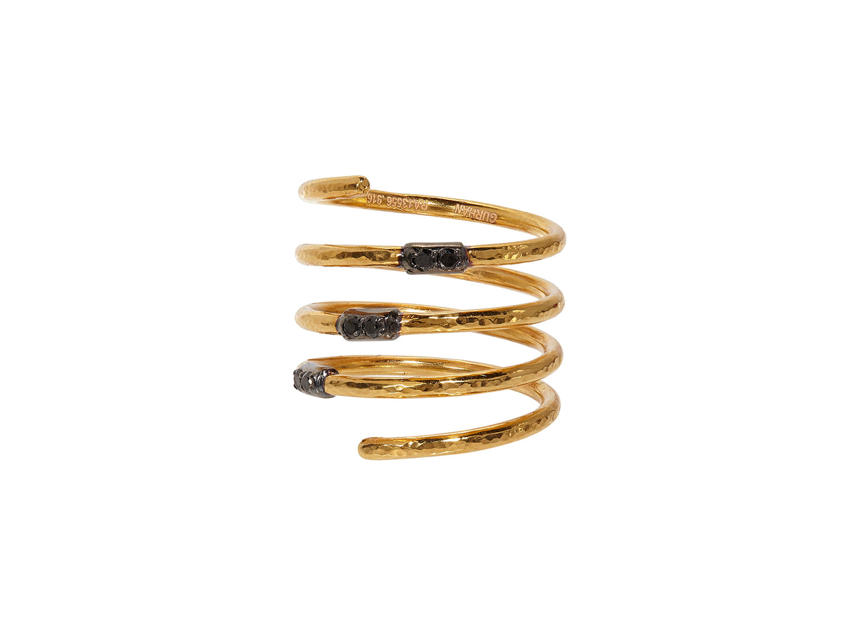 GURHAN, GURHAN Geo Gold Spiral Band Ring, 3 Pave Sections, Black Diamond