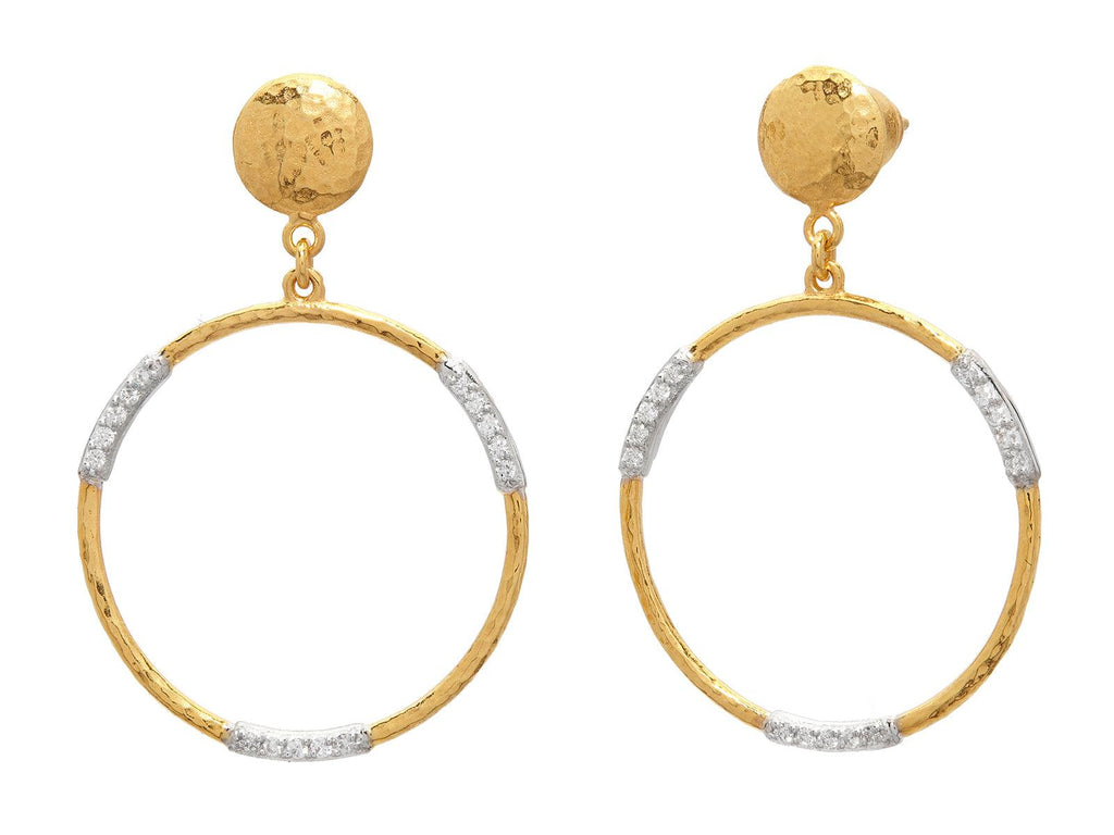 GURHAN, GURHAN Geo Gold Single Drop Earrings, 25mm Round with Triple Pave Stations