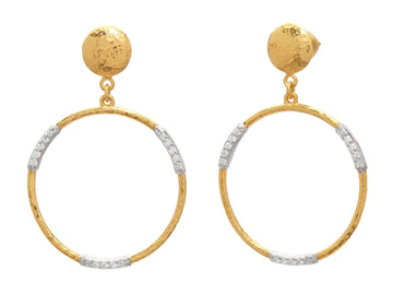 GURHAN, GURHAN Geo Gold Single Drop Earrings, 25mm Round with Triple Pave Stations