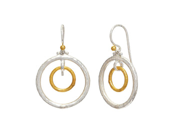 GURHAN, GURHAN Hoopla Sterling Silver Single Drop Earrings, Double Round Links on Wire Hook, Gold Accents