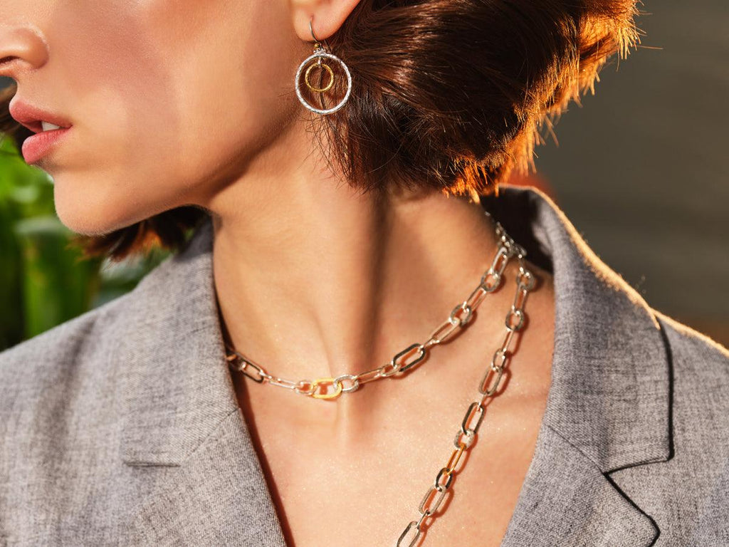 GURHAN, GURHAN Hoopla Sterling Silver Single Drop Earrings, Double Round Links on Wire Hook, Gold Accents