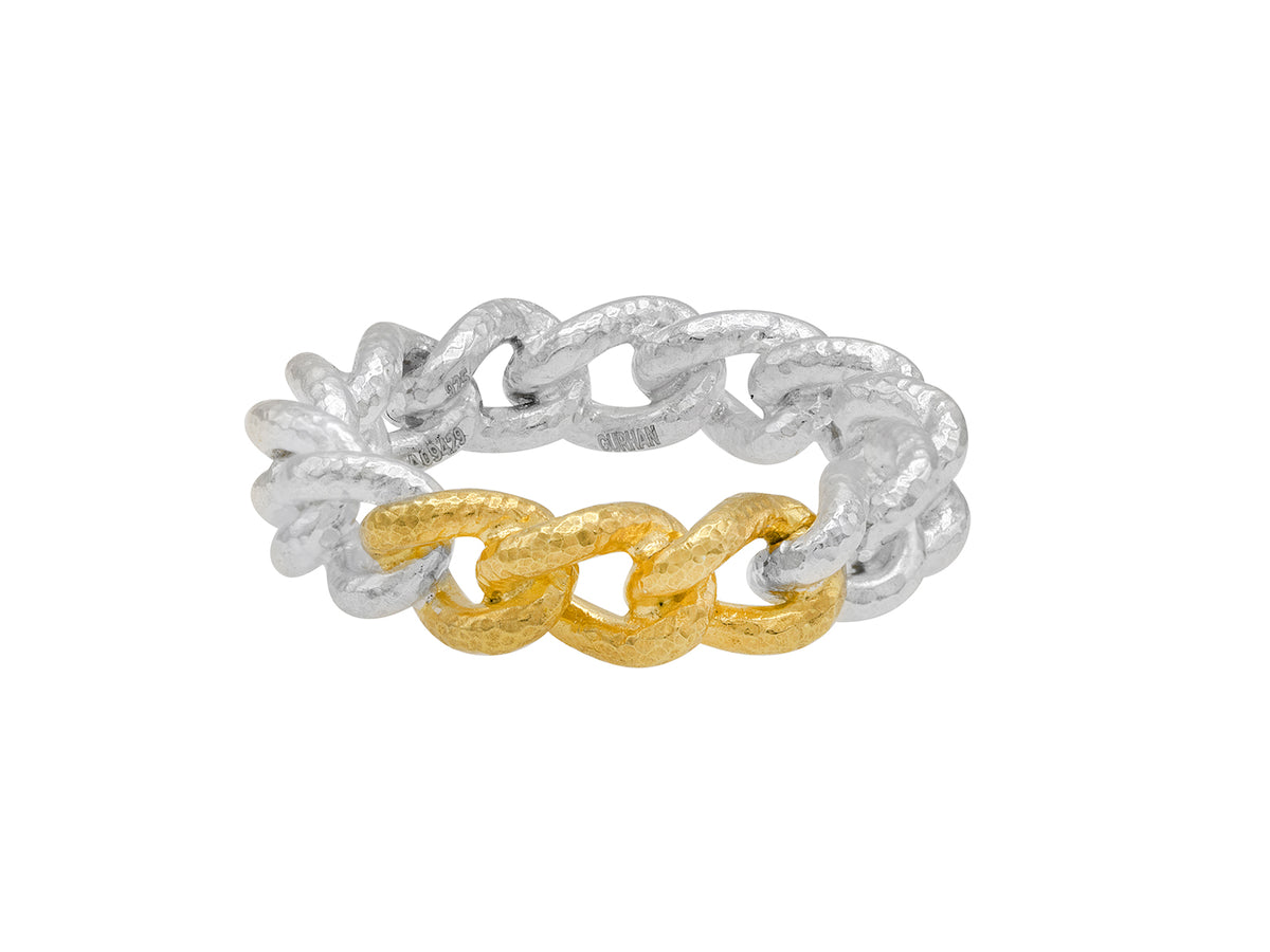 GURHAN, GURHAN Hoopla Sterling Silver Band Ring, Small Cuban Links, with No Stone & Gold Accents