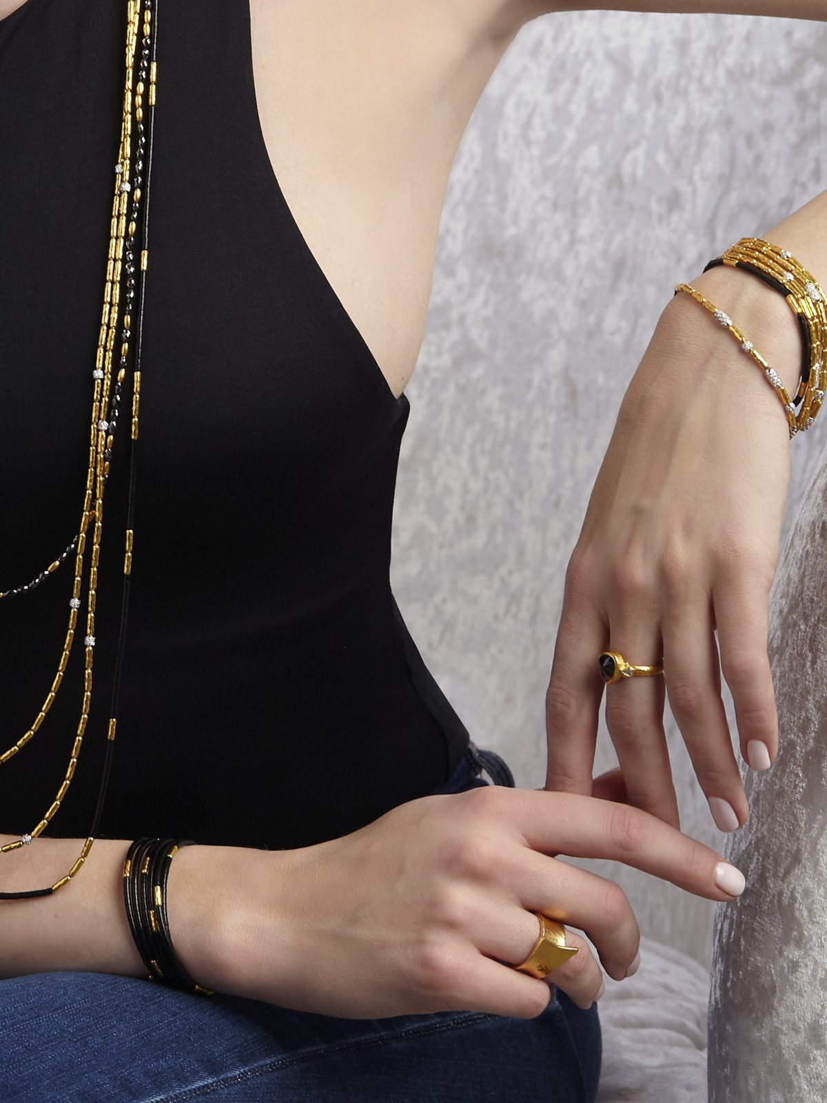 GURHAN, GURHAN Jet Set Gold Beaded Single-Strand Bracelet, Four Gold Tubes, with Jet Beads