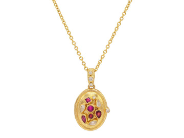 GURHAN, GURHAN Locket Gold Ruby and Diamond Pendant Necklace, 15.5mm Wide Oval, Clustered Stones