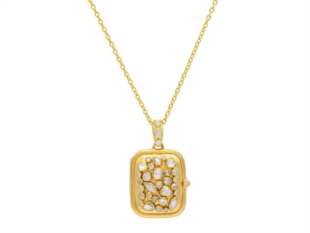 GURHAN, GURHAN Locket Gold Diamond Pendant Necklace, 37x21mm Rectangle with Clustered Stones