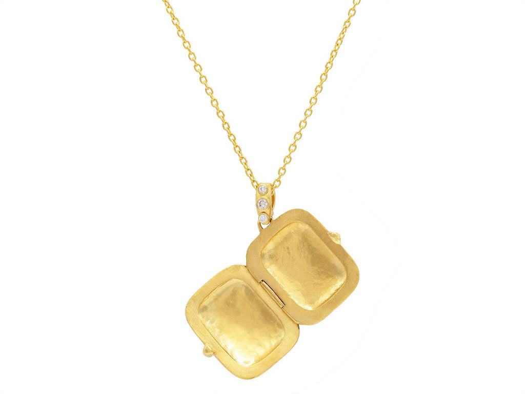 GURHAN, GURHAN Locket Gold Rectangle Pendant Necklace, 37x21mm, Clustered Stones, with Diamond