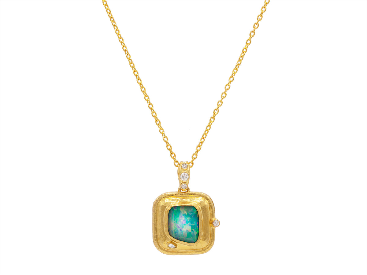 GURHAN, GURHAN Locket Gold Square Pendant Necklace, Amorphous Rosecut, with Opal and Diamond