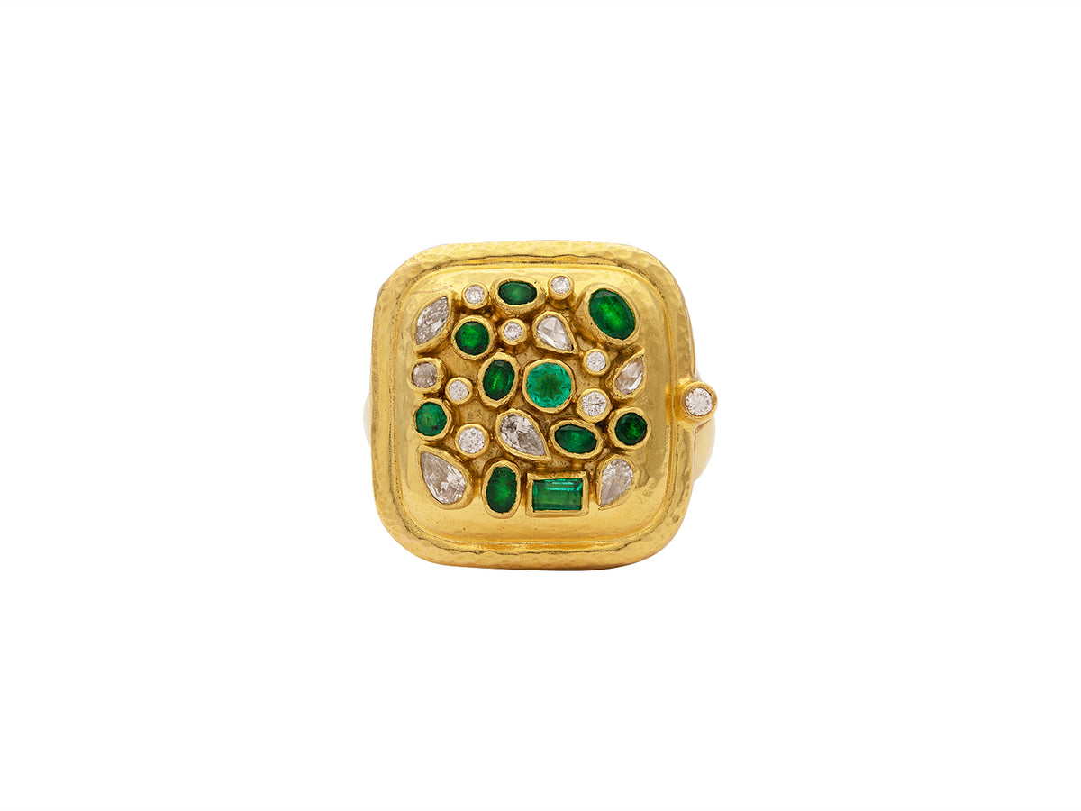 GURHAN, GURHAN Locket Gold Stone Cocktail Ring, 23mm Square, with Emerald and Diamond