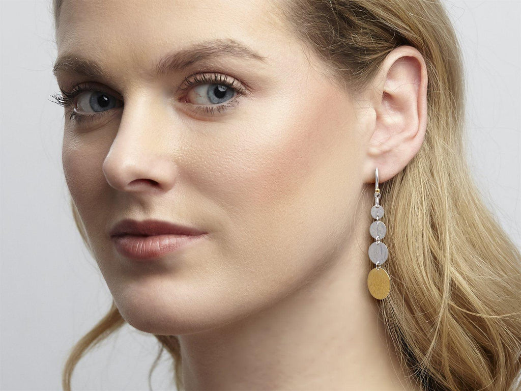 GURHAN, GURHAN Lush Sterling Silver Long Drop Earrings, Graduated Flakes on Wire Hook, Gold Accents