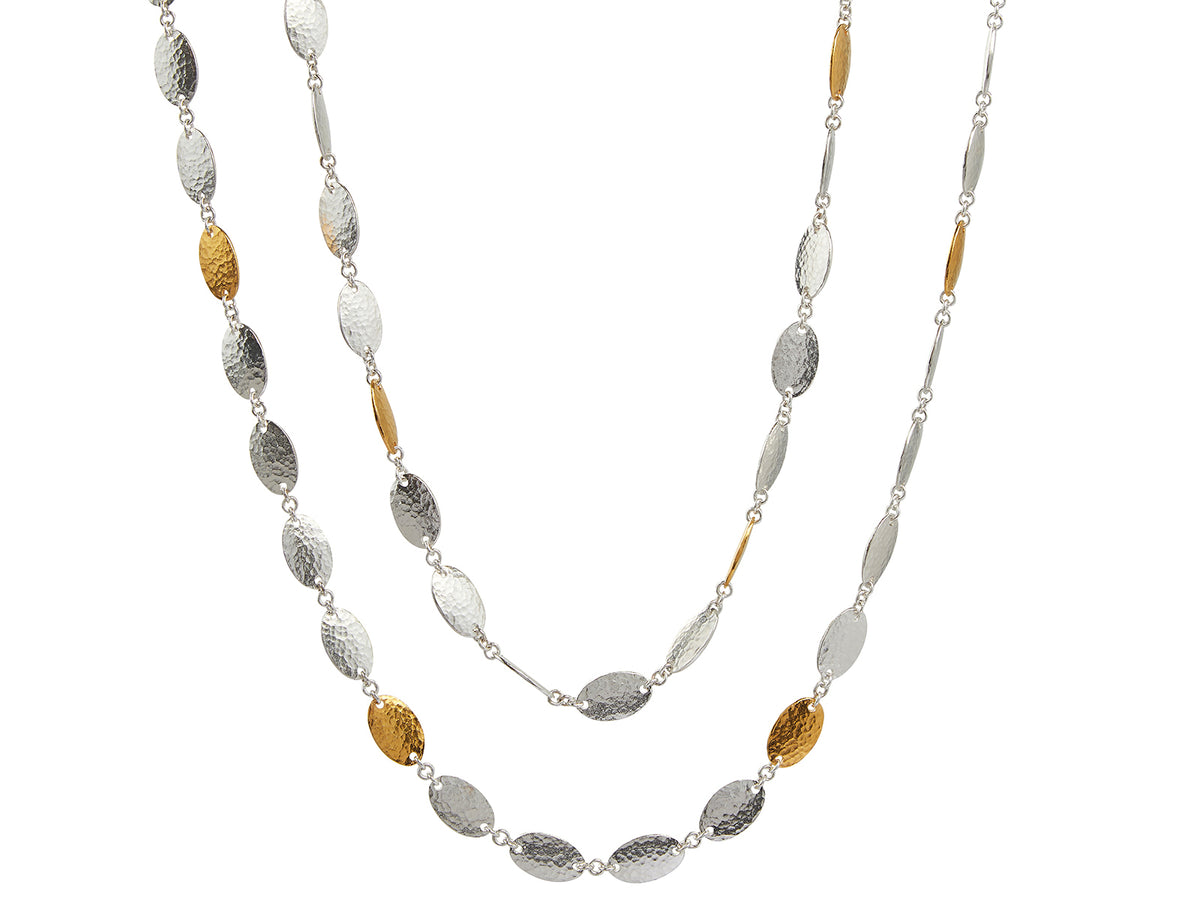 GURHAN, GURHAN Mango Sterling Silver Single Strand Long Necklace, 12x7mm Oval Flakes, with No Stone & Gold Accents