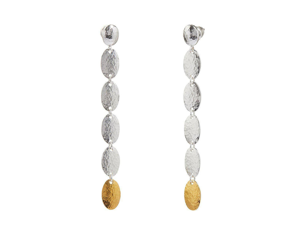 GURHAN, GURHAN Mango Sterling Silver Long Drop Earrings, 5 Oval Flakes on Post Top, Gold Accents