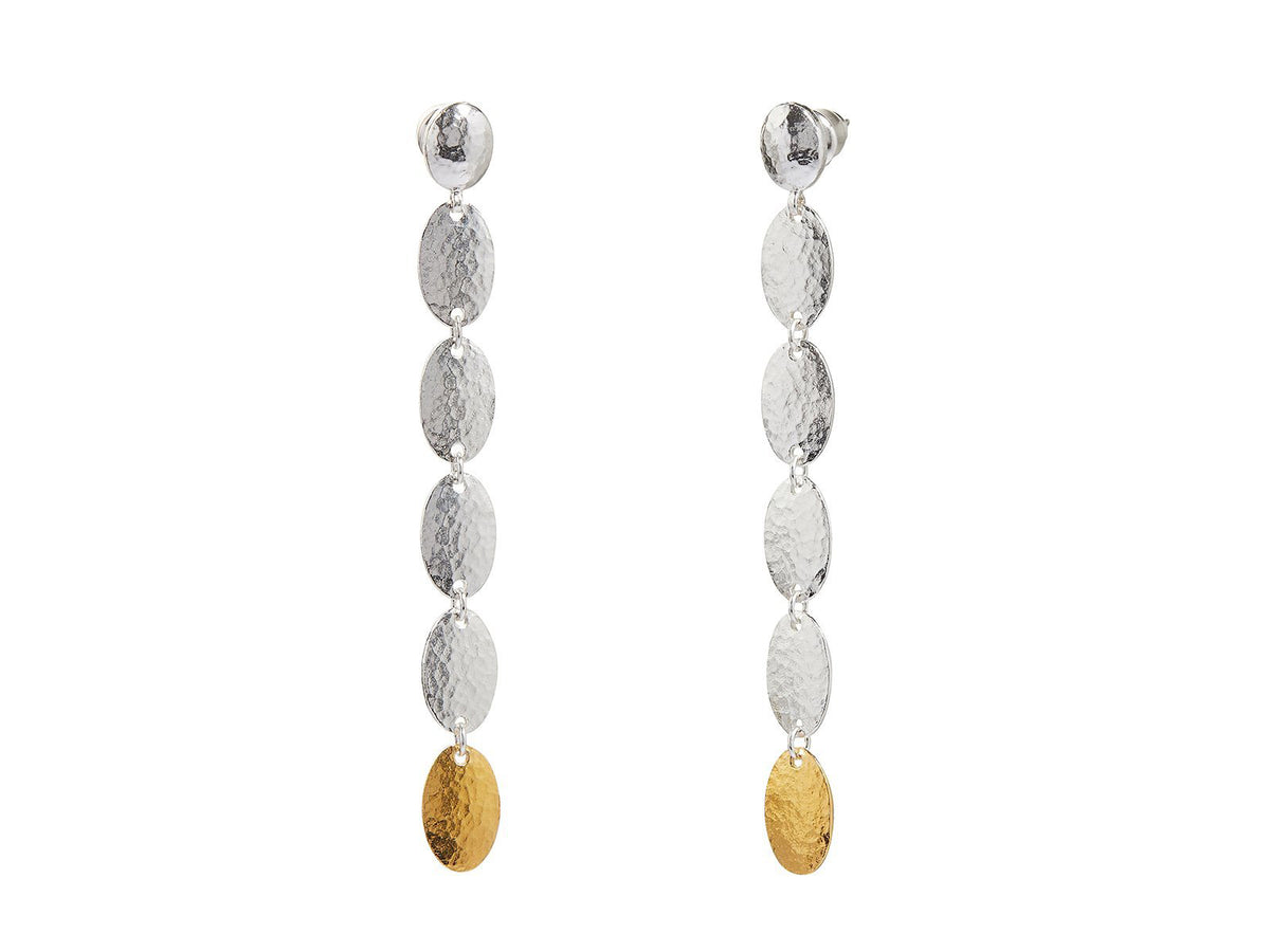 GURHAN, GURHAN Mango Sterling Silver Long Drop Earrings, 5 Oval Flakes on Post Top, with No Stone & Gold Accents