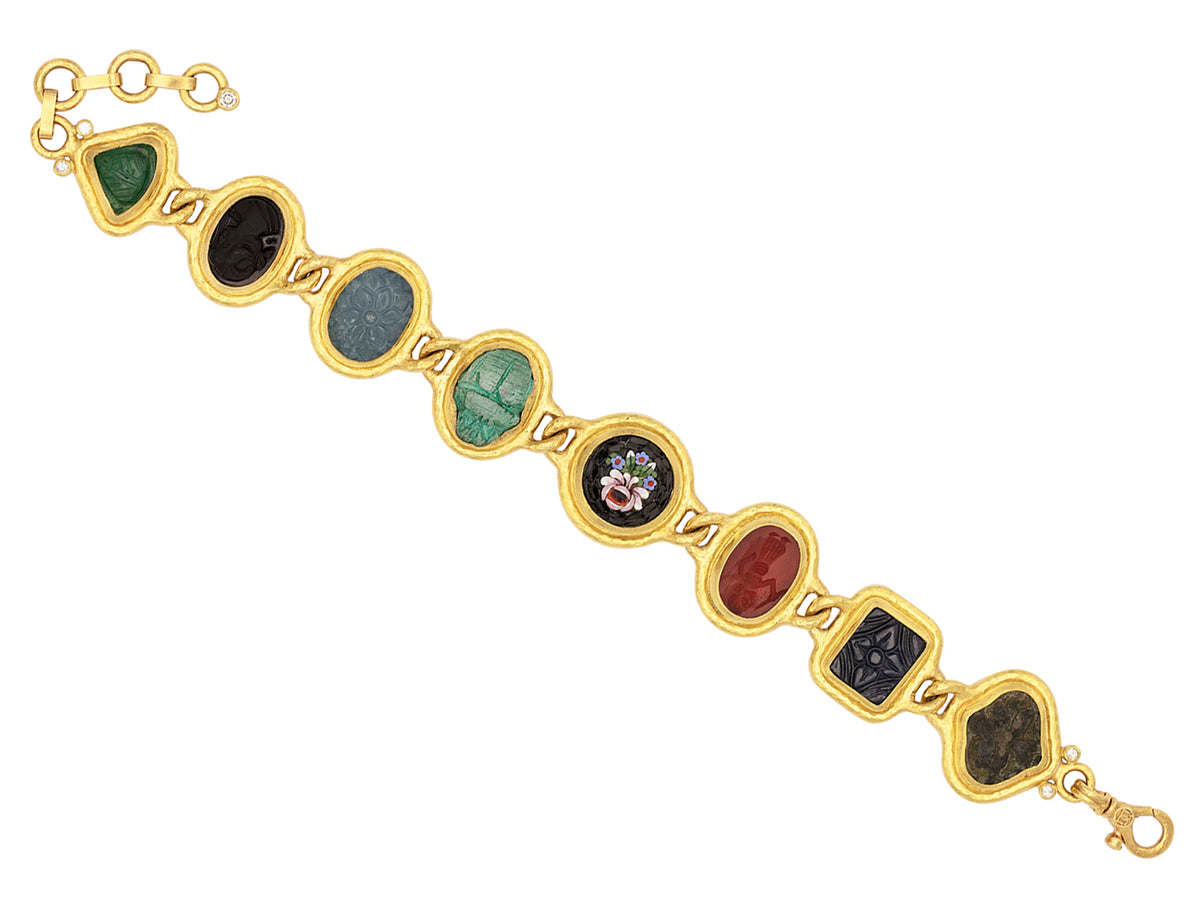GURHAN, GURHAN Antiquities Gold All Around Single-Strand Bracelet, Mixed Shapes in Wide Frame, with Mixed Antiquities and Stones