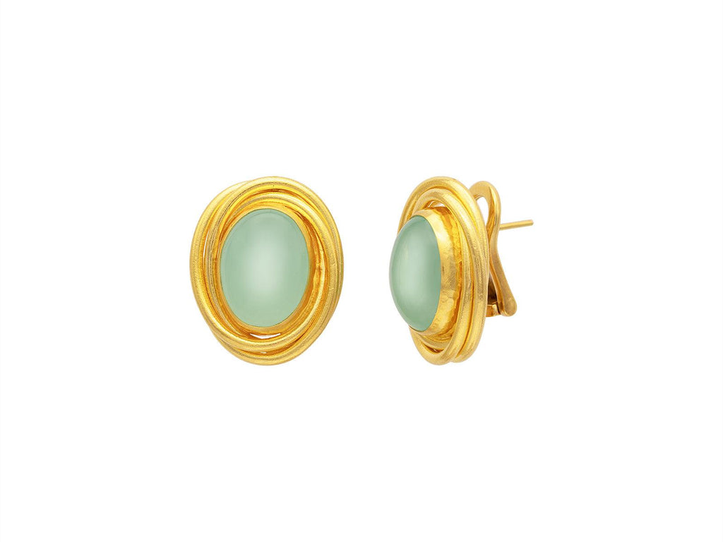 GURHAN, GURHAN Muse Gold Chalcedony Stud Earrings, 16x12mm Oval Set in Twisted Wire Frame