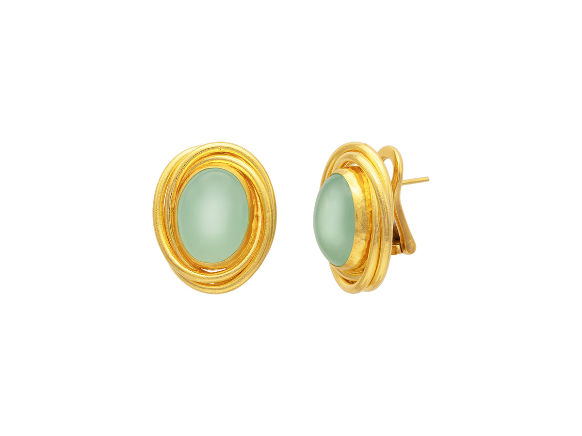 GURHAN, GURHAN Muse Gold Clip Post Stud Earrings, 16x12mm Oval Set in Twisted Wire Frame, with Chalcedony