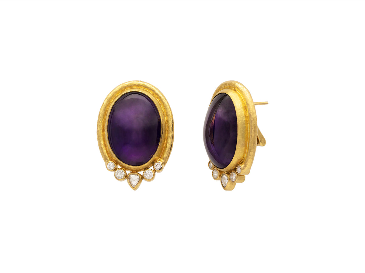GURHAN, GURHAN Muse Gold Clip Post Stud Earrings, 22x16mm Oval set in Wide Frame, with Amethyst and Diamond