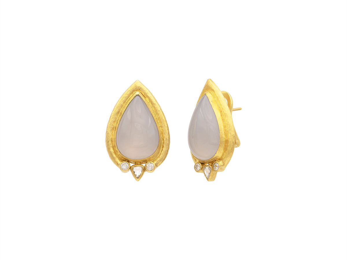 GURHAN, GURHAN Muse Gold Clip Post Stud Earrings, 22x14mm Teardrop set in Wide Frame, with Chalcedony and Diamond