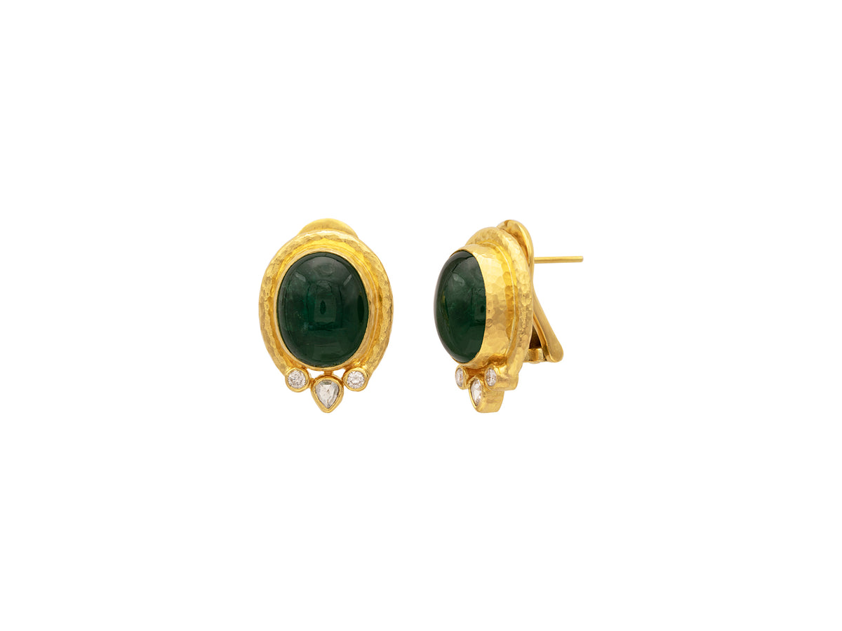 GURHAN, GURHAN Muse Gold Clip Post Stud Earrings, 14x12mm Oval set in Wide Frame, with Emerald and Diamond