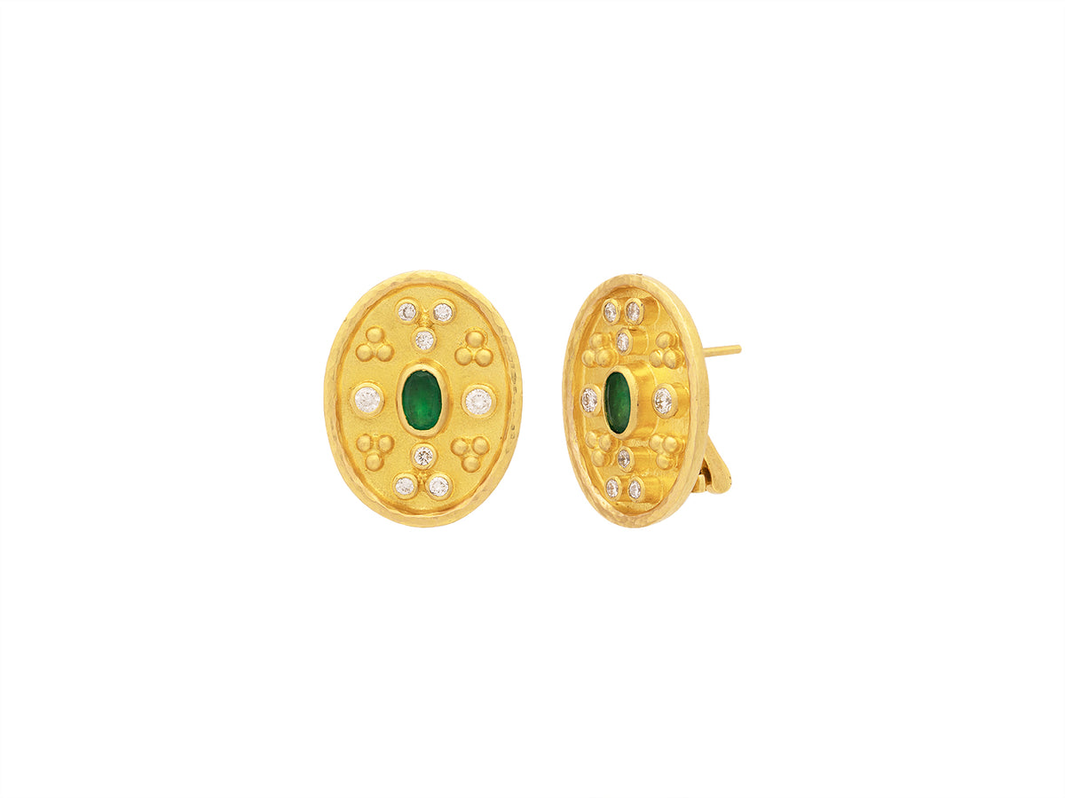 GURHAN, GURHAN Muse Gold Clip Post Stud Earrings, 17.5mm Wide Medallion, with Emerald and Diamond