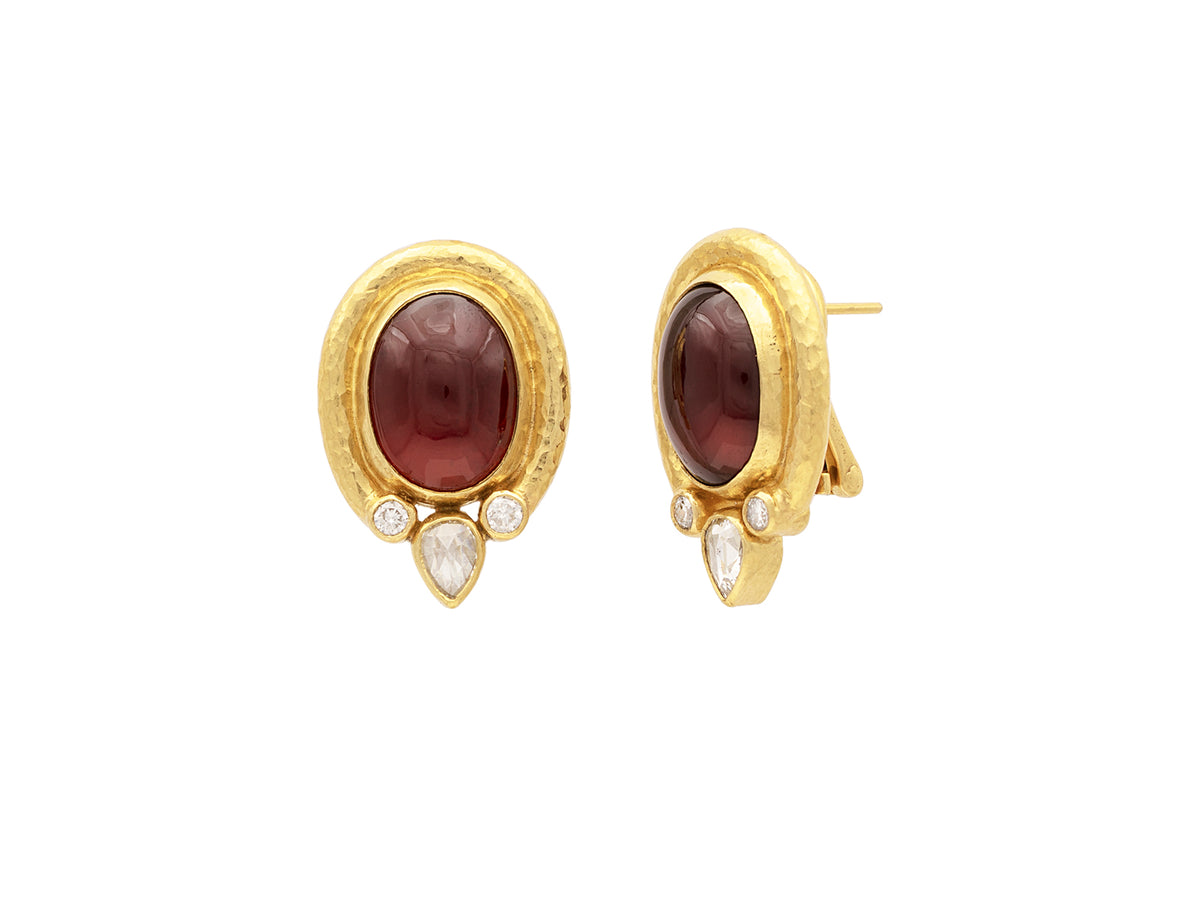 GURHAN, GURHAN Muse Gold Clip Post Stud Earrings, 16x12mm Oval set in Wide Frame, with Garnet and Diamond