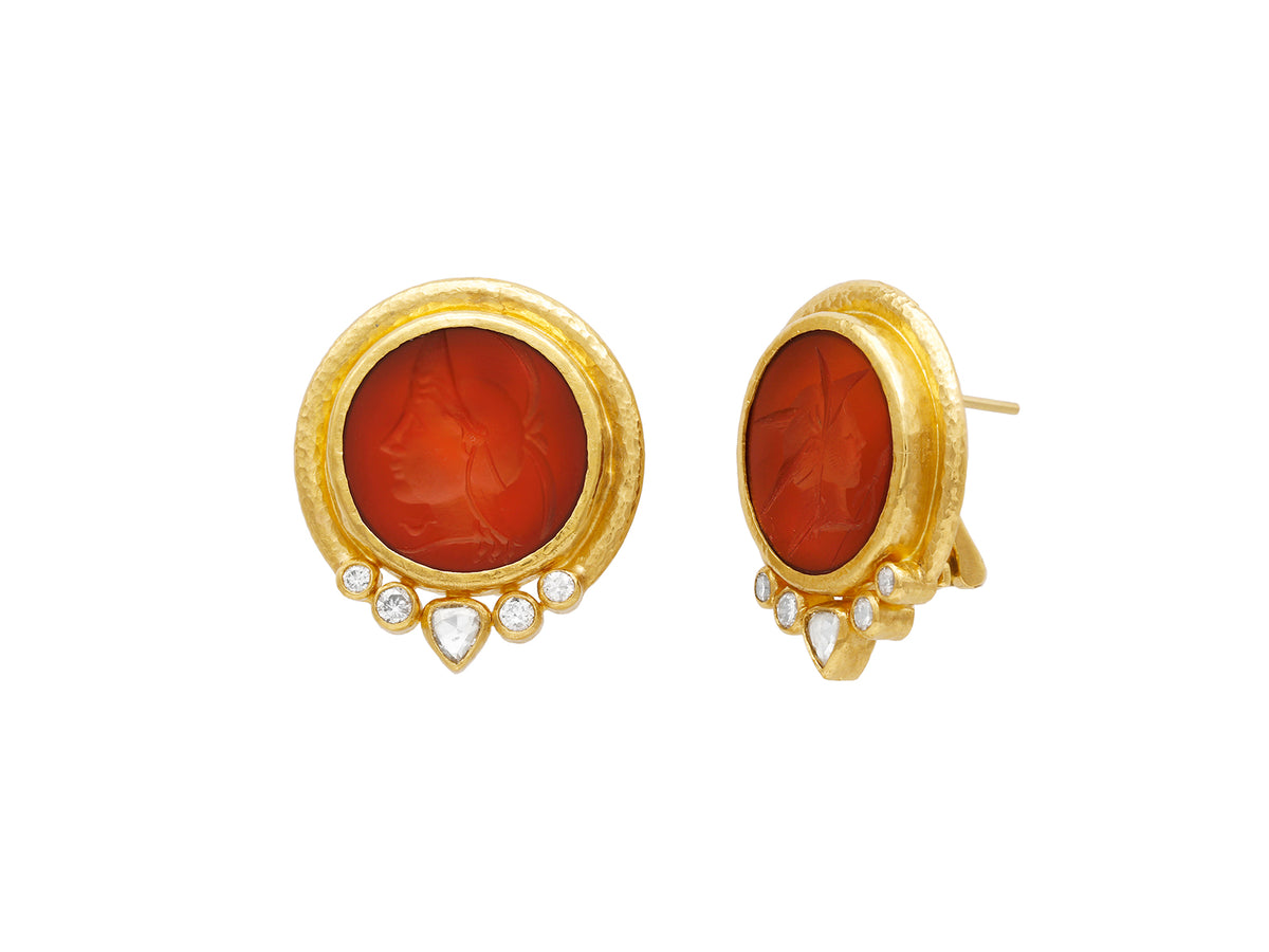 GURHAN, GURHAN Antiquities Gold Clip Post Stud Earrings, 18mm Round set in Wide Frame, with Carnelian Intaglio and Diamond