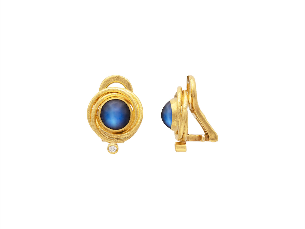 GURHAN, GURHAN Muse Gold Clip Post Stud Earrings, 8mm Round Set in Twisted Wire Frame, with Moonstone and Diamond