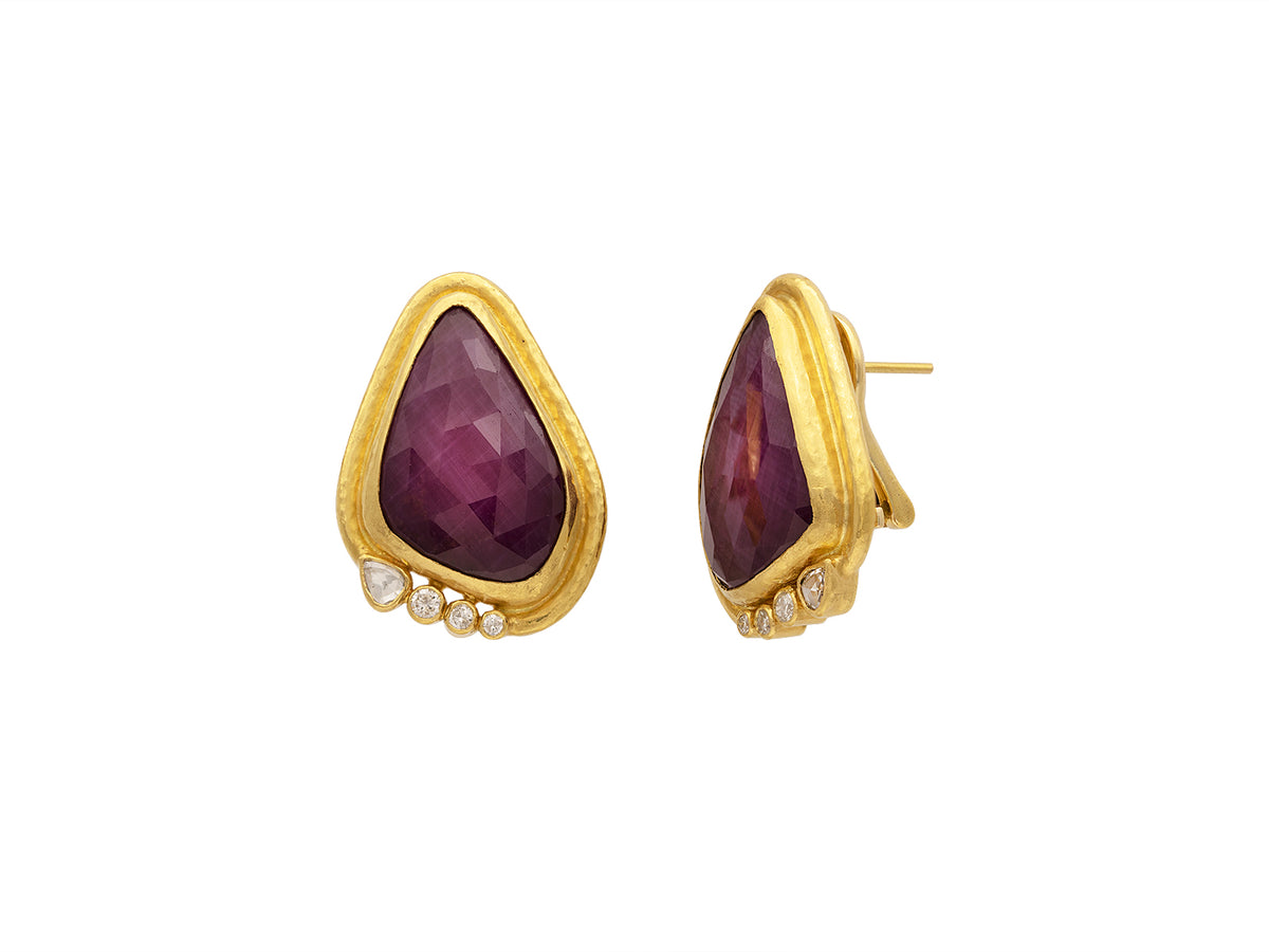 GURHAN, GURHAN Muse Gold Clip Post Stud Earrings, 24x16mm Amorphous Set in Wide Frame, with Ruby and Diamond