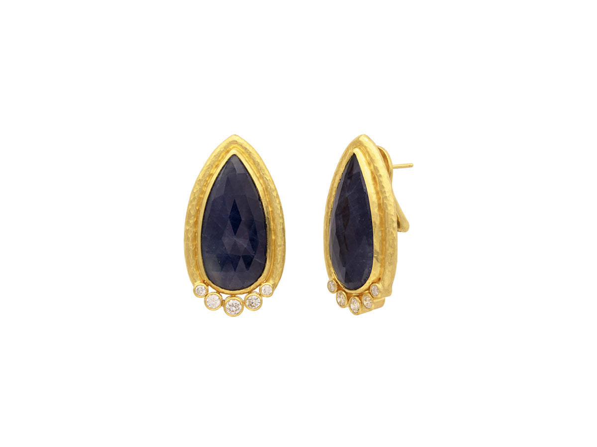 GURHAN, GURHAN Muse Gold Clip Post Stud Earrings, 27x14mm Teardrop set in Wide Frame, with Sapphire and Diamond