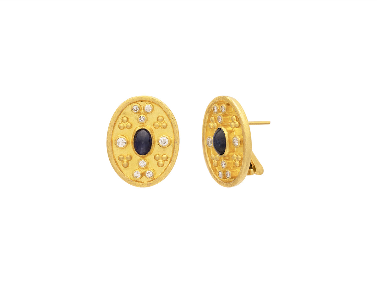 GURHAN, GURHAN Muse Gold Clip Post Stud Earrings, 18mm Oval Medallion, with Sapphire and Diamond