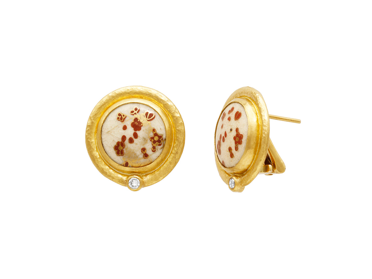 GURHAN, GURHAN Antiquities Gold Clip Post Stud Earrings, 15mm Round Cherry Blossom Motif set in Wide Frame, Satsuma and Diamond