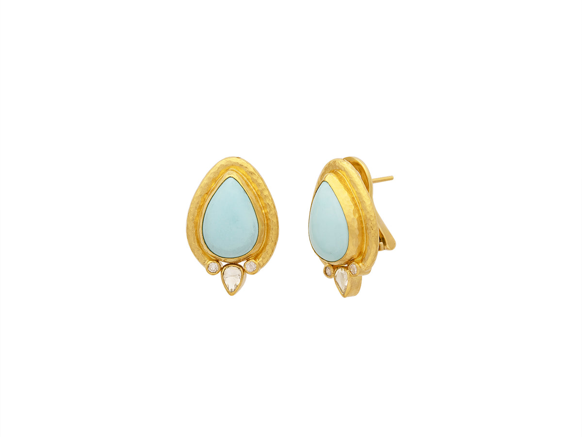 GURHAN, GURHAN Muse Gold Clip Post Stud Earrings, 15x11mm Teardrop Set in Wide Frame, with Turquoise and Diamond