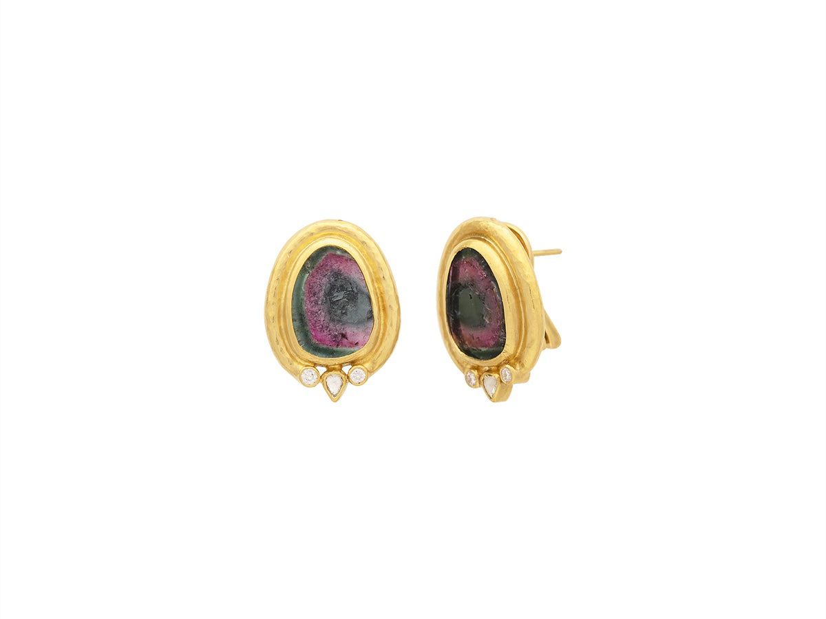 GURHAN, GURHAN Muse Gold Clip Post Stud Earrings, 16x11mm Amorphous set in Wide Frame, with Tourmaline and Diamond