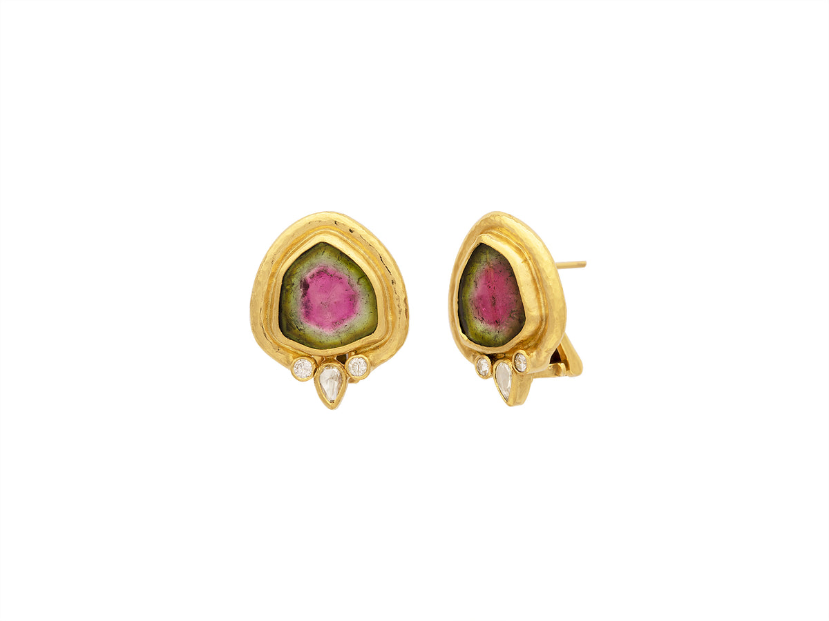 GURHAN, GURHAN Muse Gold Clip Post Stud Earrings, 14x13mm Amorphous set in Wide Frame, with Tourmaline and Diamond