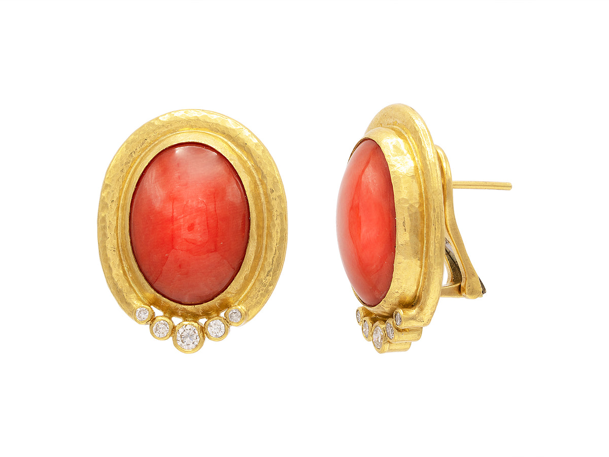 GURHAN, GURHAN Muse Gold Oval Stud Earrings, Wide Frame, Clip Post, with Coral and Diamond