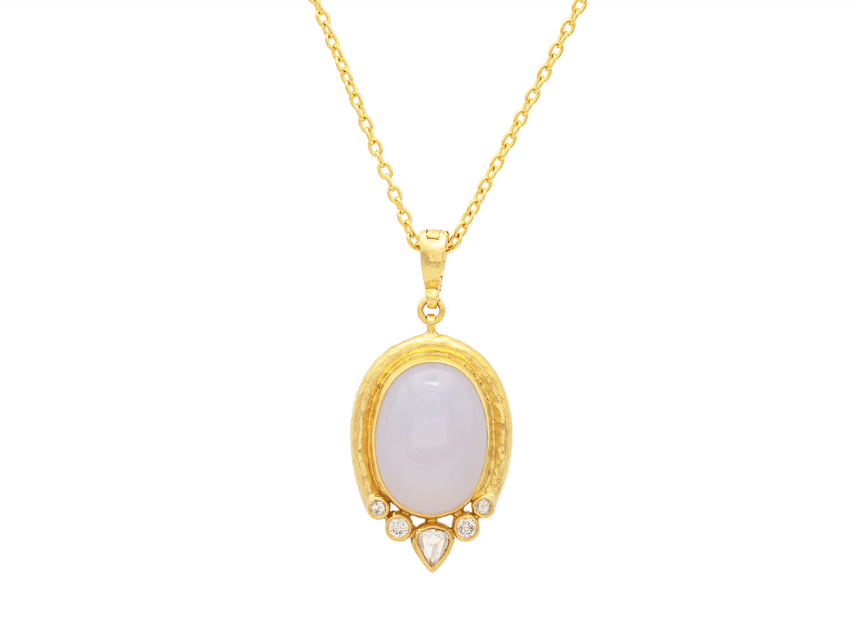 GURHAN, GURHAN Muse Gold Oval Pendant Necklace, 20x15mm Cabochon set in Wide Frame, with Chalcedony and Diamond