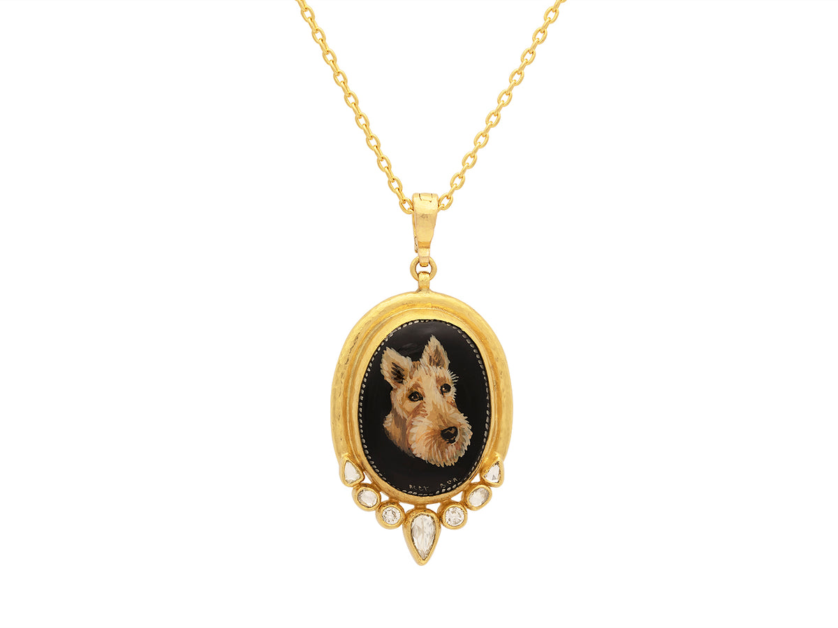 GURHAN, GURHAN Muse Gold Oval Pendant Necklace, Hand Painted Scottish Terrier Miniature, with Onyx and Diamond