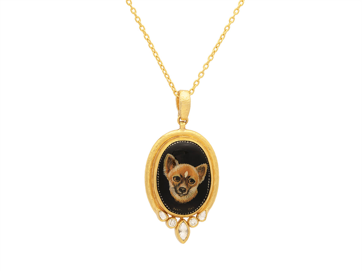 GURHAN, GURHAN Muse Gold Oval Pendant Necklace, Hand Painted Chihuahua Miniature, with Onyx and Diamond