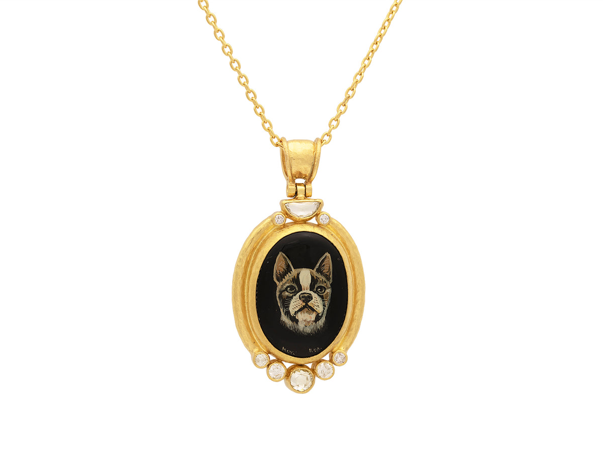 GURHAN, GURHAN Muse Gold Oval Pendant Necklace, Hand Painted Boston Terrier Miniature, with Onyx and Diamond