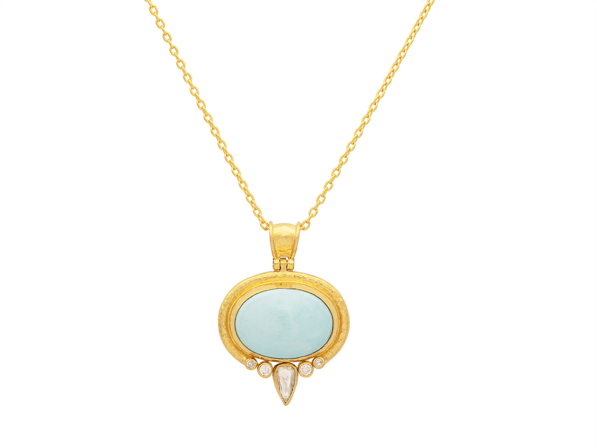 GURHAN, GURHAN Muse Gold Oval Pendant Necklace, 22x16mm set in Wide Frame, with Turquoise and Diamond