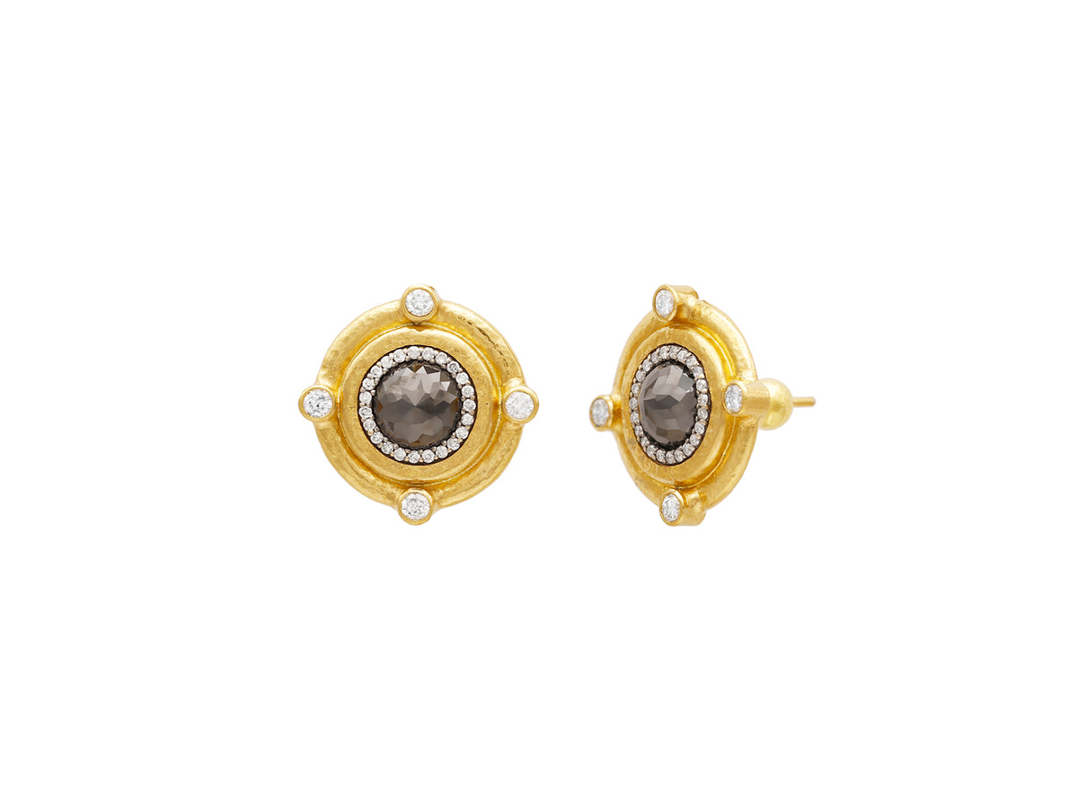 GURHAN, GURHAN Muse Gold Post Stud Earrings, 10mm Center Stone set in Wide Frame, with Black and White Diamond