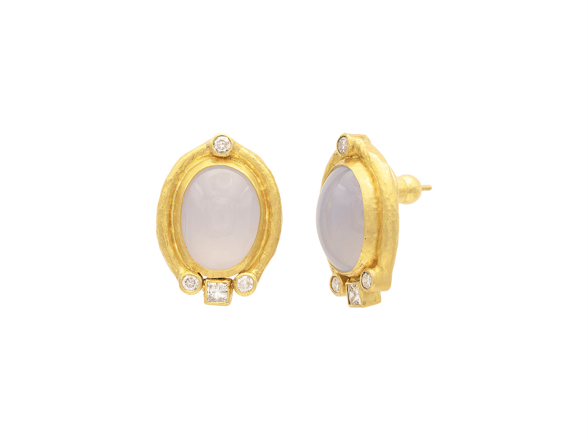 GURHAN, GURHAN Muse Gold Post Stud Earrings, 16x13mm Oval set in Wide Frame, with Chalcedony and Diamond